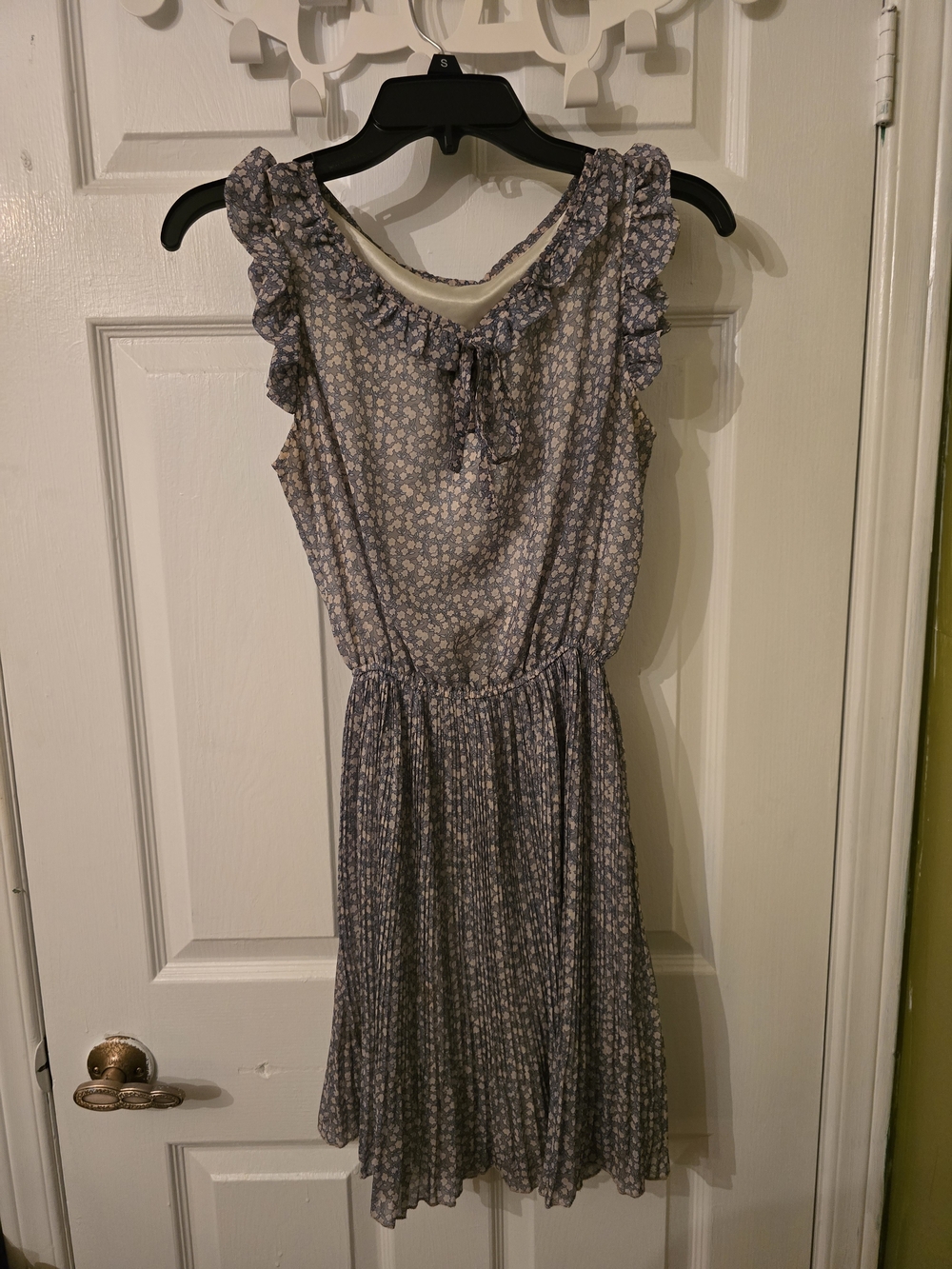 Korean Dusty Blue Floral Ruffle Neck Pleated Midi Dress